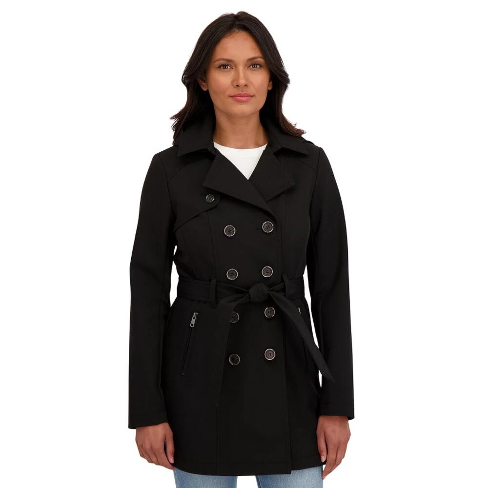 Sebby Collection Women Black Soft Shell Belted Double Breast Trench Coat Size L